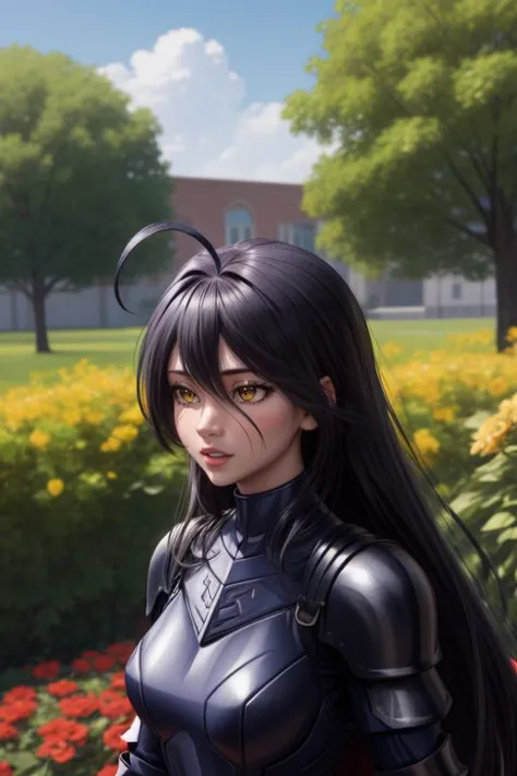 (1girl,3d, photorealistic,masterpiece, best quality, intricate, skin indentation), face excited, upper body view, seductive pose, in a garden flowers,roses,butterflies,  albedo, ahoge, black hair, horns, long hair, (yellow eyes:1.3),armor, (black armor:2), armored boots, black cape, black pants, boobplate, boots, breastplate, cape,  gauntlets, pants, pauldrons, plate armor, shoulder armor, waist cape
 