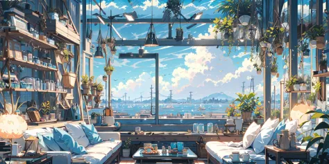 (masterpiece:1.2), best quality,PIXIV,cozy animation scenes,
scenery, no humans, plant, chair, table, couch, tree, window, sky, day, building, potted plant, cup, cloud, indoors, sunlight, artist name, watermark, lamp
 <lora:cozy animation scenes_2023082411...