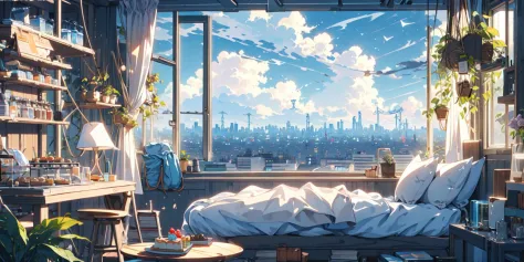 (Meisterwerk:1.2), beste Qualität,pixiv,gemütliche Animationsszenen,
Landschaft, Stadtscape, Stadt, Himmelscraper, Gebäude, Fenster, Wolke, Himmel, Essen, drinnen, computer, Buch, Bett, Tisch, Uhr, Kissen, keine Menschen, Stuhl, Kuchen, Monitor, Tasse, Platte, Himmelline, liegen
 