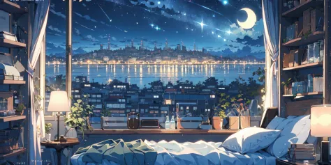 (masterpiece:1.2), best quality,PIXIV,cozy animation scenes,
scenery, night, window, no humans, sky, plant, night sky, pillow, cityscape, bed, star (sky), book, chair, cloud, bookshelf, city, lamp, building, indoors, potted plant, starry sky, city lights, curtains, copyright name, artist name, skyscraper, shelf, bedroom, watermark, border
 <lora:cozy animation scenes_20230824111332:1>