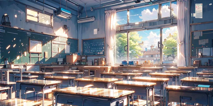 (masterpiece:1.2), best quality,PIXIV,cozy animation scenes,
classroom, no humans, desk, chalkboard, window, scenery, indoors, chair, school, school desk, sunlight, watermark, school chair, curtains, day, book
 <lora:cozy animation scenes_20230824111332:1>