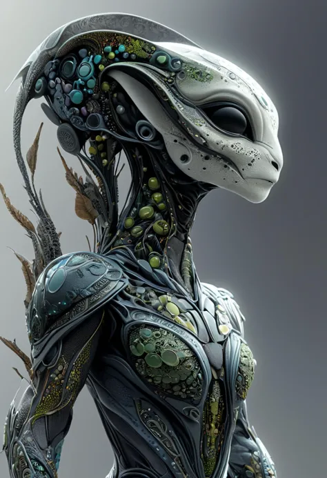 a close up of a humanoid with a flowered head and a long neck