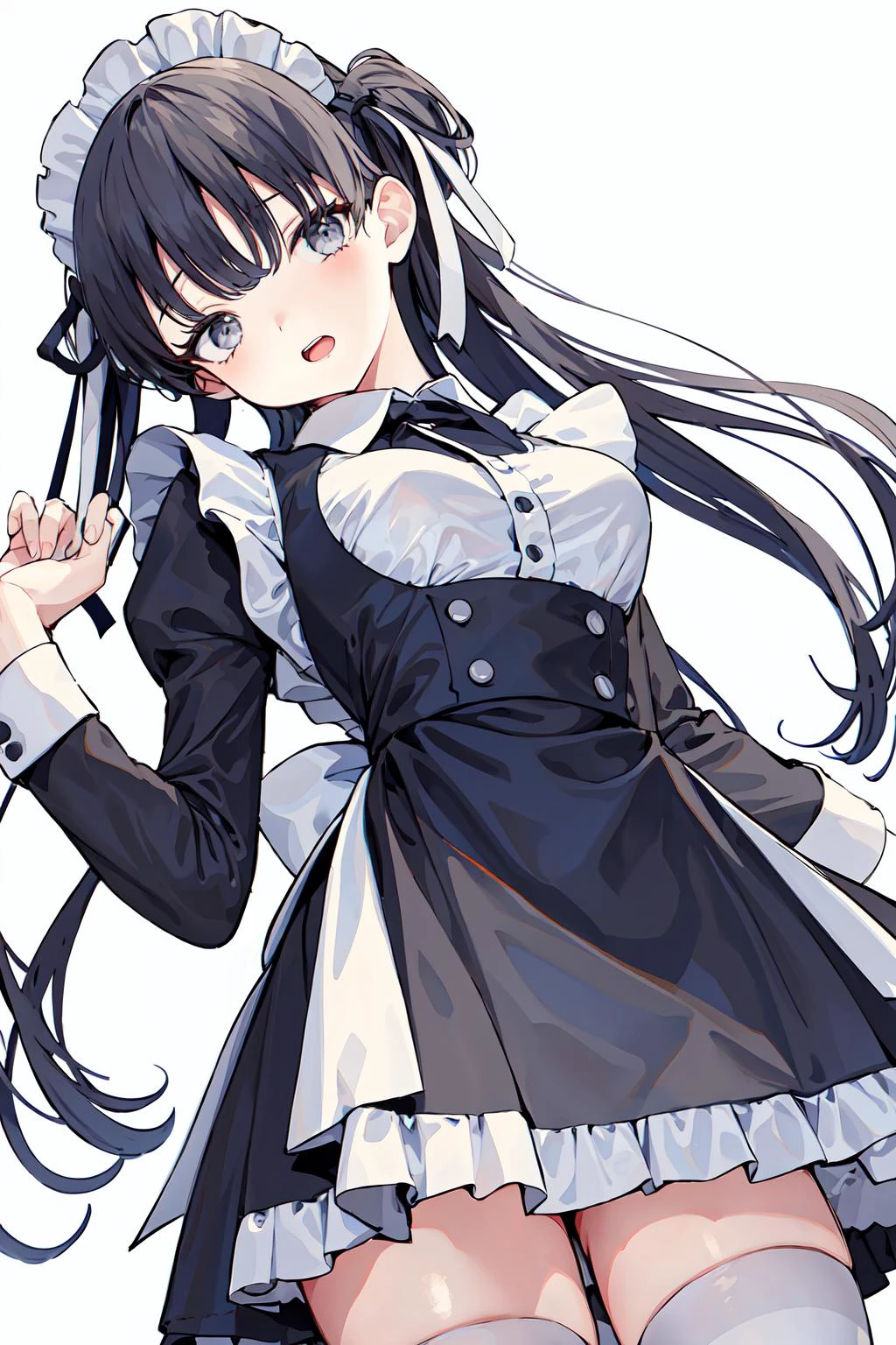 1girl, solo, thighhighs, long hair, white thighhighs, breasts, maid, maid headdress, white background, apron, from below, looking at viewer, dress, grey eyes, simple background, bangs, long sleeves, medium breasts, frills, juliet sleeves, white apron, open mouth, ribbon, puffy sleeves, hair ribbon, maid apron, black dress, looking down