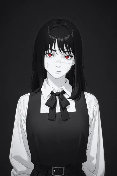 anime girl with black hair and red eyes in a black dress