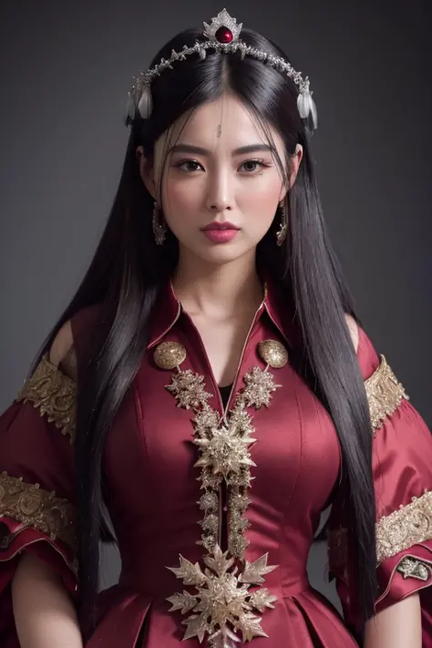 a beautiful empress portrait, black hair, perfect eyes, clothes Santa robes, everything Christmas, snow, symmetrical, dramatic studio lighting, rococo, baroque, greens, asian, hyperrealism, closeup, D&D, fantasy, intricate, elegant, highly detailed, digital painting, artstation, octane render, 8k, concept art, matte, sharp focus