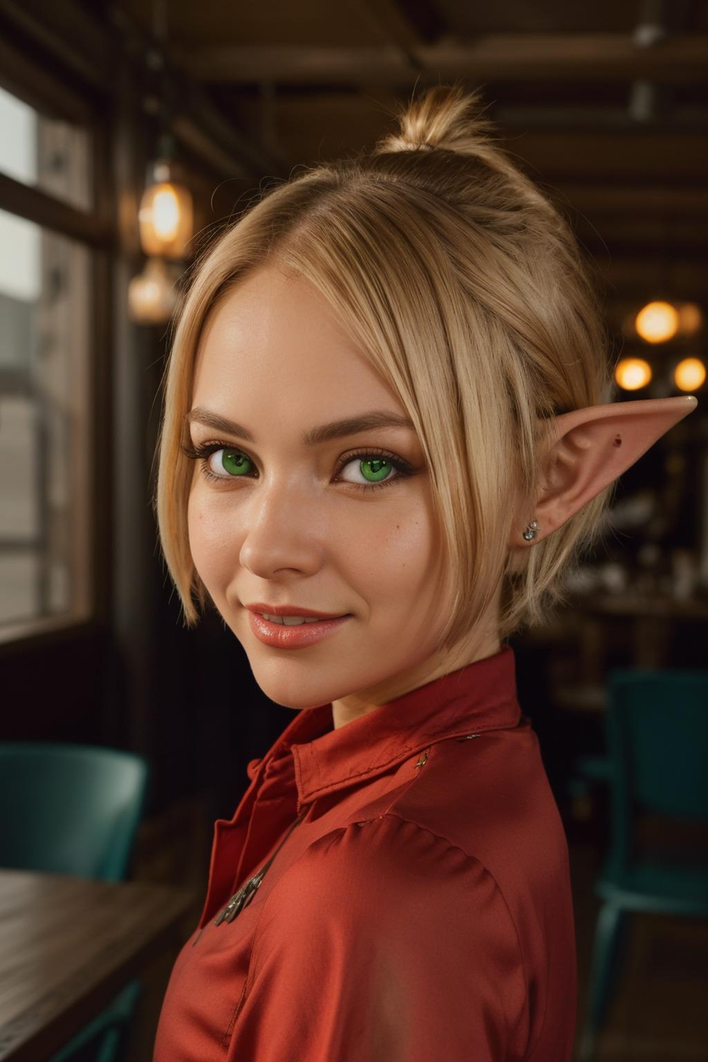 A close up of a woman with green eyes and a red shirt - SeaArt AI