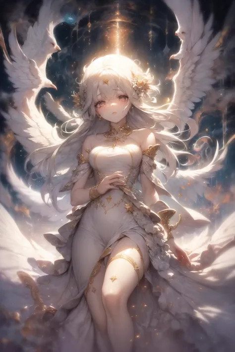 a woman with white hair and wings sitting on a cloud