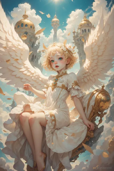 a painting of a girl with angel wings sitting on a chair