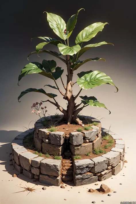 a close up of a plant growing out of a stone wall