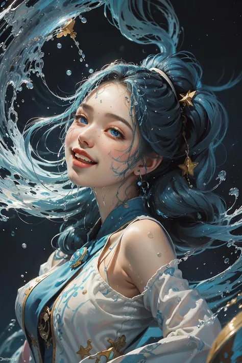 ((style of dmitry spiros):1.3), 1 girl, laughing, (twintail, hair bun,blue hair), blue eyes, (blue hanfu,chinese style,), (spread arms), (water splash), (dynamic movement,fantasy,Lively Brushwork, Striking Composition, Psychedelic Imagery), (matter:1.2), (Water shower:1.5) , night, space, starry sky, big moon,  (star:1.4),<lora:GPTS4 dreamwave full_478773:0.5>