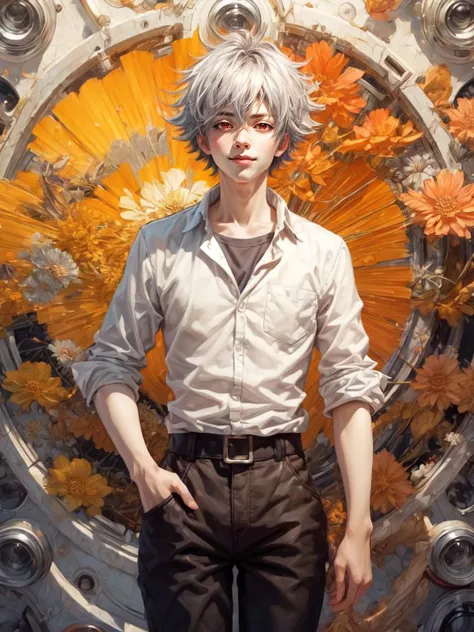 masterpiece, best quality, 8K, colorful, high detail, wallpaper, colorful, male focus,1boy,solo,red eyes,grey hair,smile, white shirt, Kaworu Nagisa, <lora:nagisa_kaworu:0.8>,  <lora:GPTS4 dreamwave full_478773:1>, (( full body)), gears, matter, <lora:add_detail:0.9>