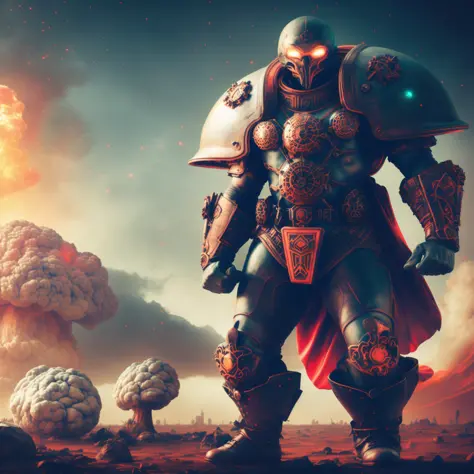 photo of intimidating (neonmutation chaoticspheres) (grimknights:1) future cyber centurion standing in front of atomic explosion...