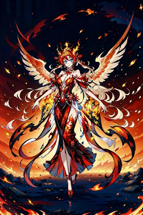 a woman in a red dress with wings and a fire