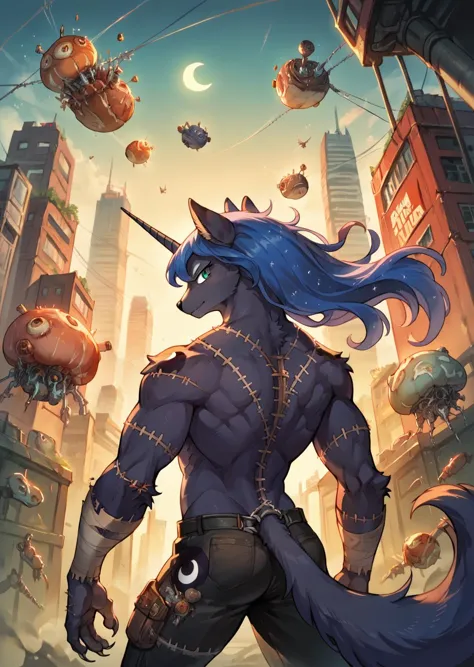 score_9, score_8_up, score_7_up, score_6_up, score_5_up, score_4_up,  source_anime, frightfur Princess Luna, furry, frightfur, looking at viewer:1.2, stuffing, blades, stitches, detailed, fantasy city, lyrical,angular,   