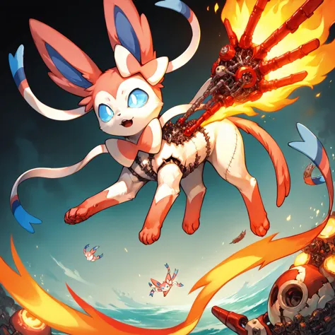 pontuação_9, pontuação_8_acima, pontuação_7_acima, pontuação_6_acima, pontuação_5_acima, pontuação_4_acima,  fonte_anime, fofo sylveon, fofo, pose dinâmica, estofamento, lâminas, pontos, detalhado, fundo de fogo, atraente, desordenado,  