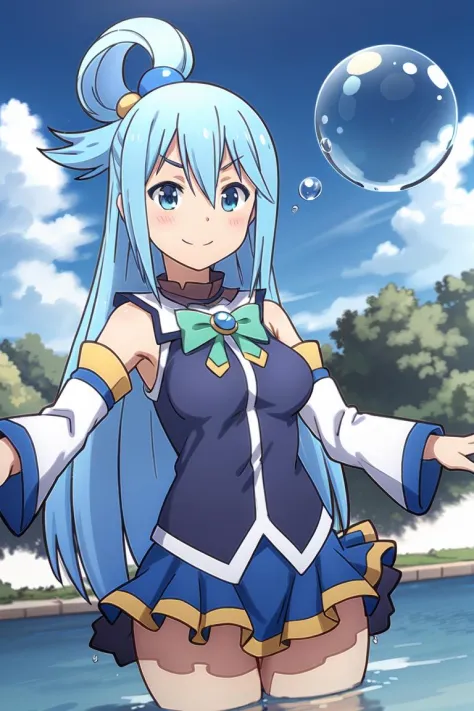 aqua (konosuba)
1girl, blue eyes, blue_hair, bow, breasts, bubble, detached sleeves, eyebrows visible through hair, white background, hair between eyes, hair rings, long hair, looking at viewer, medium breasts, skirt, smile, solo, very long hair, water, water drop, white sleeves, selfie