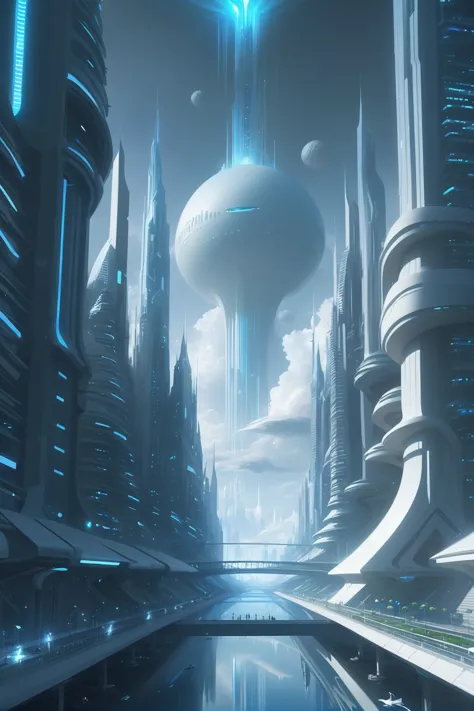 futuristic city with a futuristic spaceship floating over the water