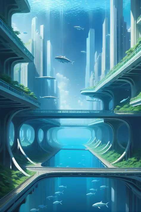 a futuristic city with a bridge over a body of water