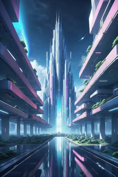 a futuristic city with a long line of buildings and a sky