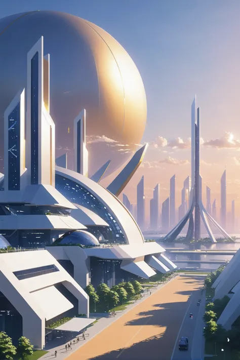 futuristic city with futuristic architecture and a large golden sphere