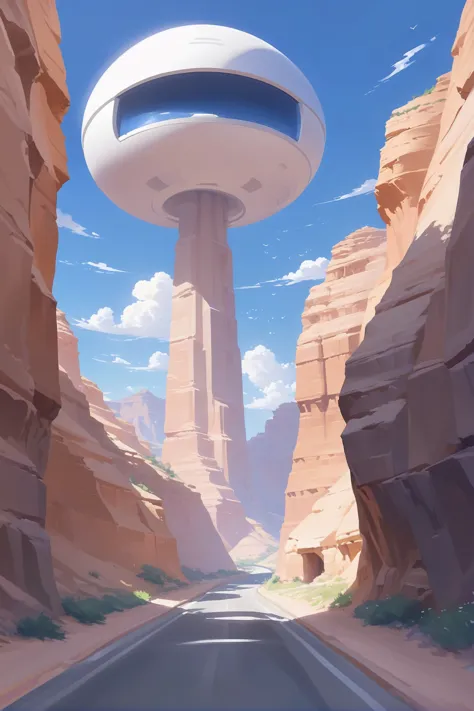 a painting of a futuristic spaceship flying over a desert area