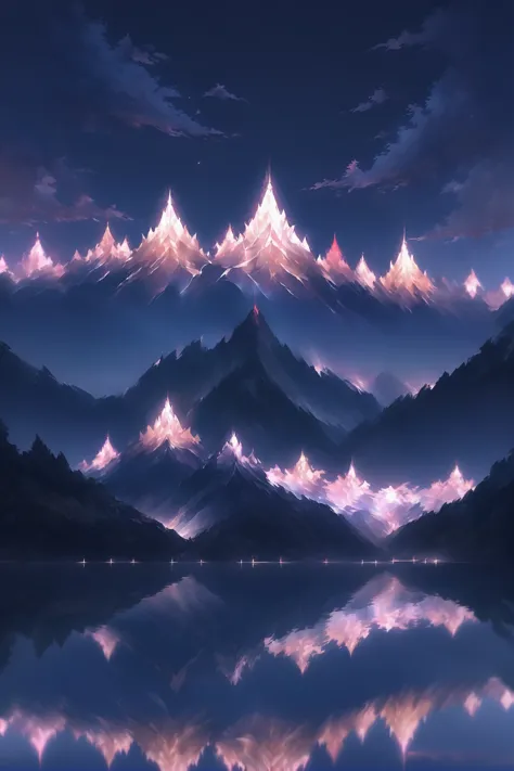 a mountain range with a lake and a sky background