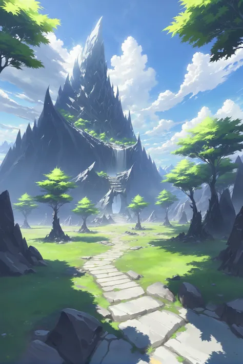 a painting of a path leading to a mountain with trees