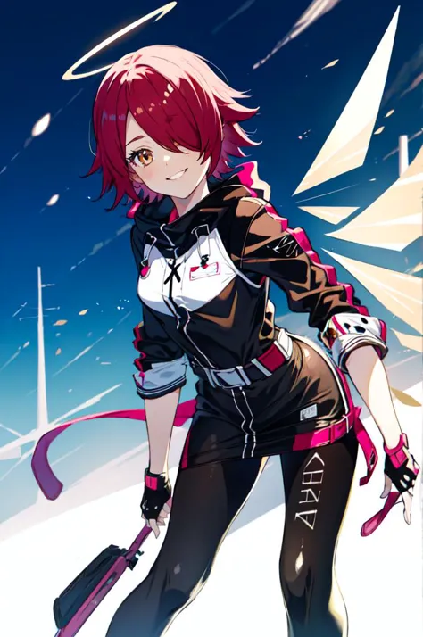 anime girl with red hair and black pants holding a pair of skis