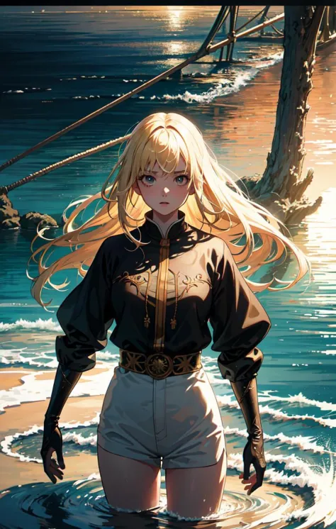 (anime), (illustration), cartoon, detailed, (dark shot:1.1), epic realistic, A girl with blonde hair is standing on the water, i...