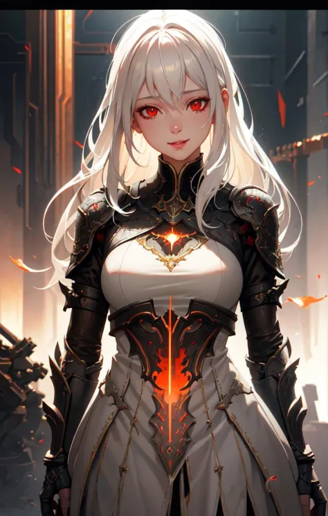 (dark shot:1.1), epic realistic, A girl with a beautiful smile, white hair, red eyes, faded, (neutral colors:1.2), (hdr:1.4), (m...