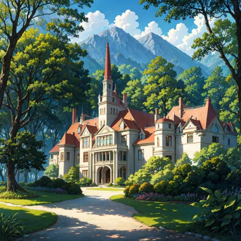 (anime), (illustration), cartoon, detailed, Mansion, in the woods, summer, rays of the sun, ultra detail