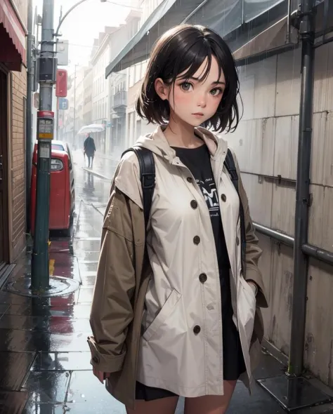 epic realistic, A girl standing in the rain, on the street, rutkowski, rim light, maximum details, (natural skin texture, hyperr...