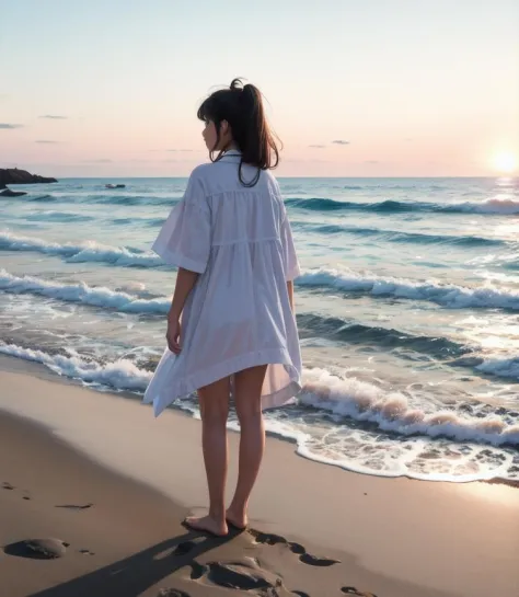 Girl standing on the beach, maximum details