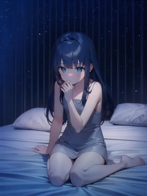 1girl,blue hair,sitting,night,room,bed,against wall,    <lora:night-r-000004:1>