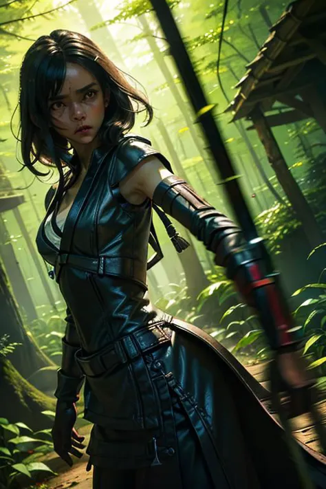 1girl, star wars jedi with lightsaber, dark eyes, prepare to war, prepare to die, danger lurking, determination, dark theme, long straight black hair, standing, in a forest, dark night, mist, brave, highly detailed, (sfw:1.4), vivid tones, extreme detail, strong willed, angry, bokeh, negative_hand, lora:oil2.0_2-512-64:0.7> JuggernautNegative