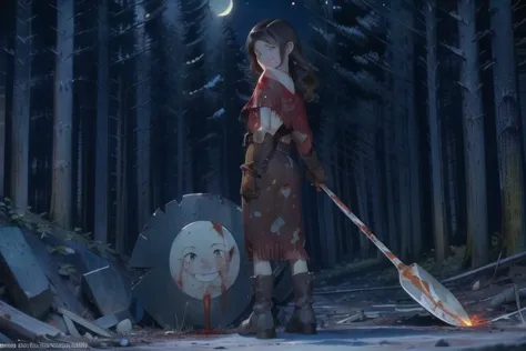 anime girl with a bloody sword standing in a forest at night