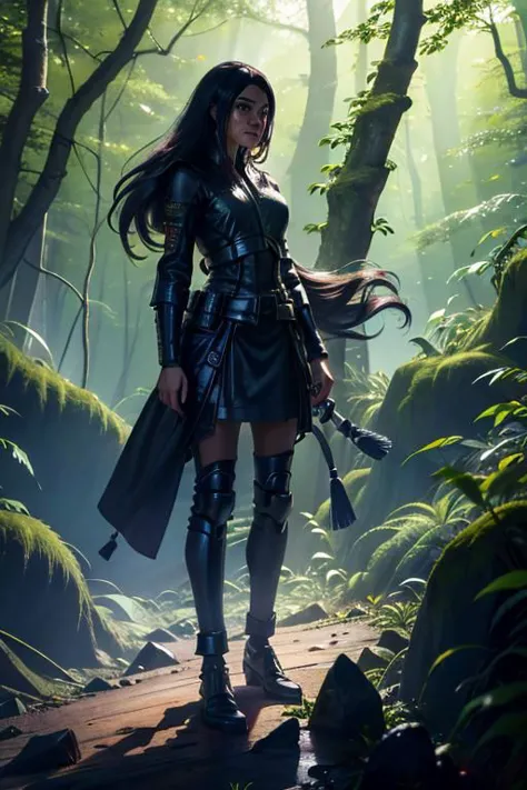 1girl, star wars jedy with lightsaber, dark eyes, prepare to war, dark theme, warping reality, long straight black hair, standing on a rock, in a forest, lots of trees, dark night, mist, midnight, glowing blue light, blue flames, highly detailed, long hairstyle, (sfw:1.4), vivid tones, extreme detail, strong willed, angry, bokeh, negative_hand, lora:oil2.0_2-512-64:0.7> JuggernautNegative, firefliesfireflies