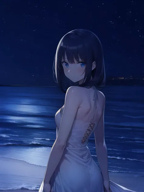 anime girl in white dress standing on beach at night