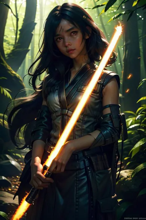 1girl, star wars jedy with lightsaber, dark eyes, prepare to war, dark theme, warping reality, long straight black hair, standing on a rock, in a forest, lots of trees, dark night, mist, midnight, glowing blue light, blue flames, highly detailed, long hairstyle, (sfw:1.4), vivid tones, extreme detail, strong willed, angry, bokeh, negative_hand, lora:oil2.0_2-512-64:0.7> JuggernautNegative, firefliesfireflies