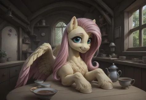 score9, score8up, score7up, score6up, score5up, score4up, Fluttershy, Pony, Pegasus, Mare, solo, feral, Indoors, Cottage Interior, Drinking Tea, looking at you, ((fluffy)), Gentle Smile, detailed background, Candlelight, hyper-realistic light and shadow.