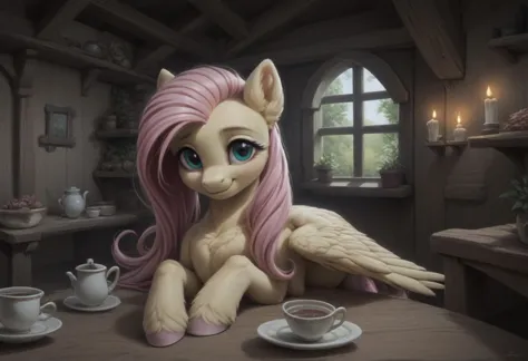 score9, score8up, score7up, score6up, score5up, score4up, Fluttershy, Pony, Pegasus, Mare, solo, feral, Indoors, Cottage Interior, Drinking Tea, looking at you, ((fluffy)), Gentle Smile, detailed background, Candlelight, hyper-realistic light and shadow.