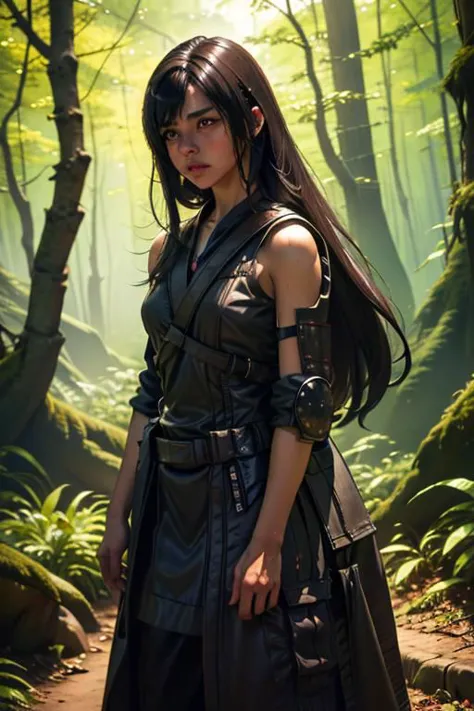 a woman in a black dress standing in a forest