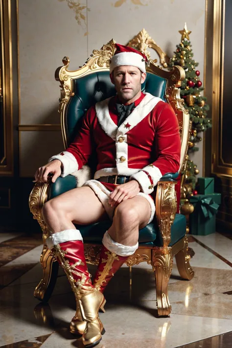 cinematic still of Jason Statham as an action hero Santa Clause, wearing a Santa costume (with Mistletoe), sitting on a golden throne, with reindeers abandoned throne room, gift box and stained floor, highly details, best quality, masterpiece, detailed face, 8k, hdr, hyper resolution, cinematic lighting, christmas theme
<lora:gold-engraving-style-darquelilly-v1:1> goldengravingstyle, engraved,