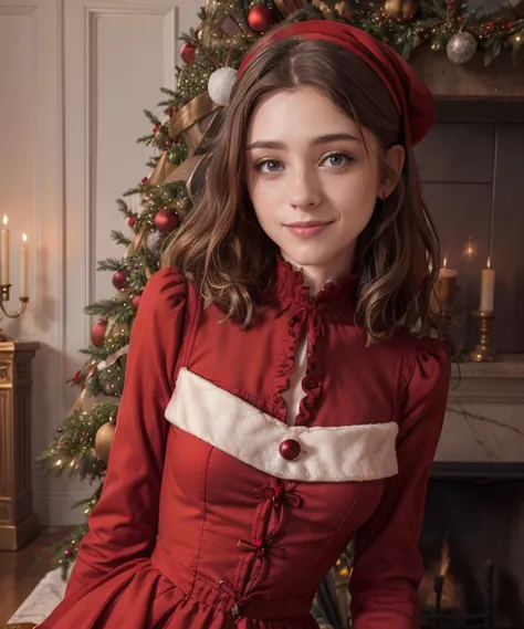 RAW, 50mm f 1.2, full body photograph or gorgeous fit, thin  n4t4l14d, face ,   wearing a red Victorian dress posing in front of ((Christmas tree)) in large Victorian Room, fireplace, eye contact, flirty smile, hyperdetailed 
<lora:n4t4l14d:1>