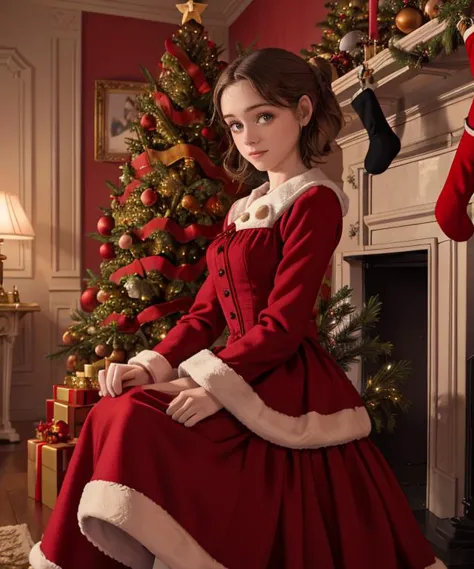 RAW, 50mm f 1.2, full body photograph or gorgeous fit, thin  n4t4l14d, face ,   wearing a red Victorian dress posing in front of ((Christmas tree)) in large Victorian Room, fireplace, eye contact, flirty smile, hyperdetailed 
<lora:n4t4l14d:1>