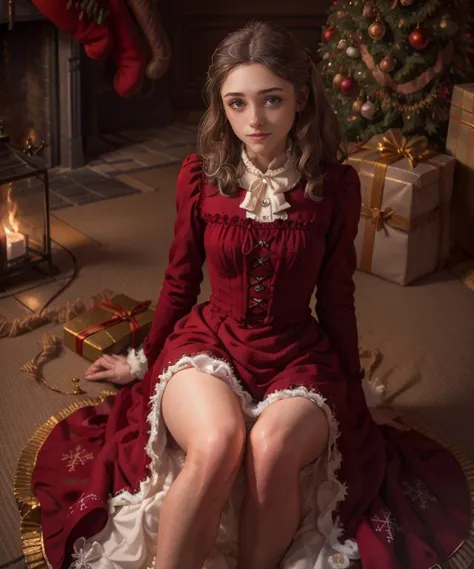 RAW, 50mm f 1.2, full body photograph or gorgeous fit, thin  n4t4l14d, face ,   wearing a red Victorian dress posing in front of...