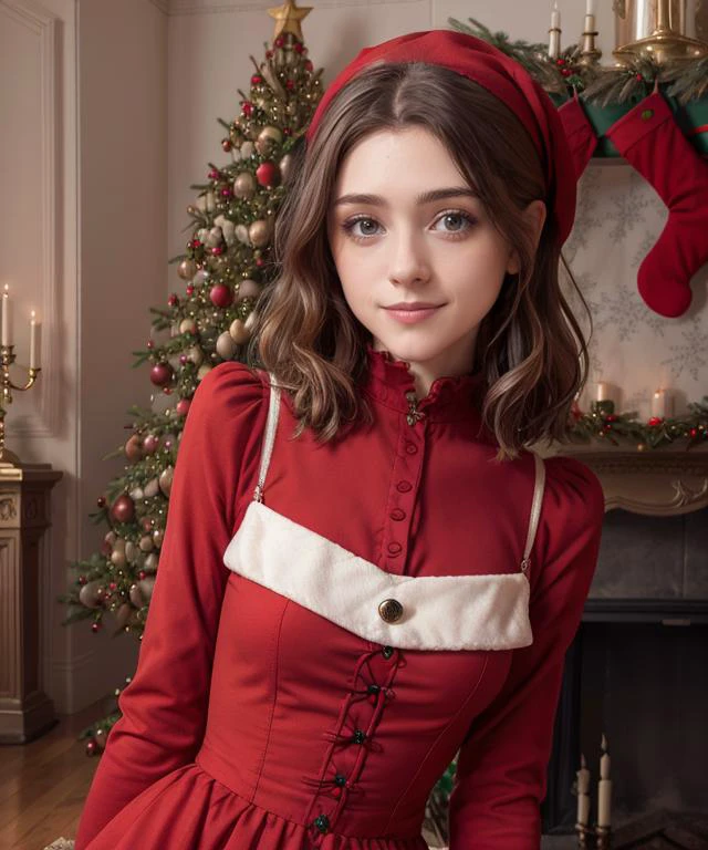 RAW, 50mm f 1.2, full body photograph or gorgeous fit, thin  n4t4l14d, face ,   wearing a red Victorian dress posing in front of ((Christmas tree)) in large Victorian Room, fireplace, eye contact, flirty smile, hyperdetailed 
