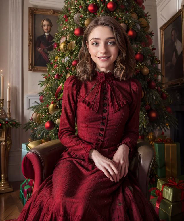 RAW, 50mm f 1.2, full body photograph or gorgeous fit, thin  n4t4l14d, face ,   wearing a red Victorian dress posing in front of ((Christmas tree)) in large Victorian Room, fireplace, eye contact, flirty smile, hyperdetailed 
