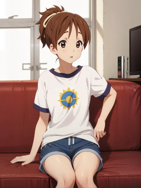 (best quality), highres, <lora:KonF:0.9> ui_hirasawa, solo, relaxing, couch, shorts, ponytail,