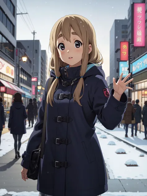 (best quality), highres, <lora:KonF:0.7> tsumugi_kotobuki, city, solo, neon, puffy coat, snowing, waving